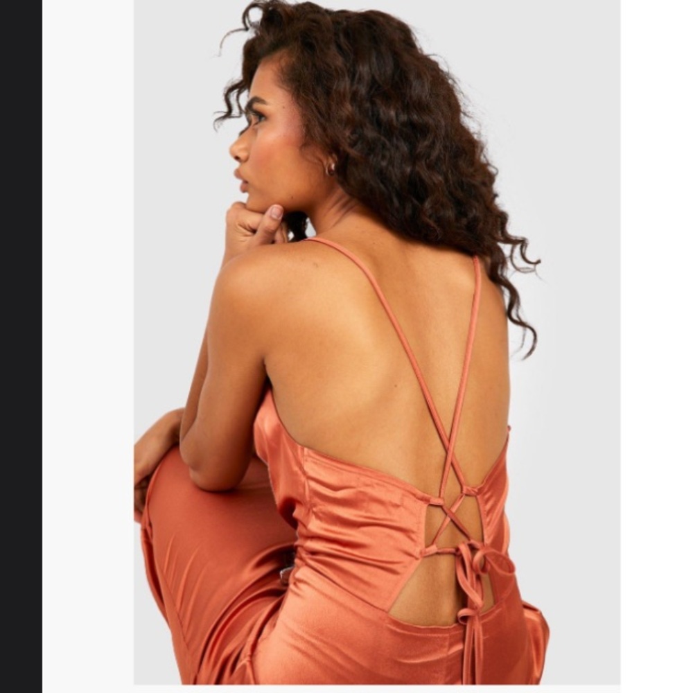 NWT - Satin Cowl Neck Lace Up Fish Tail Midi Dress in rust orange color